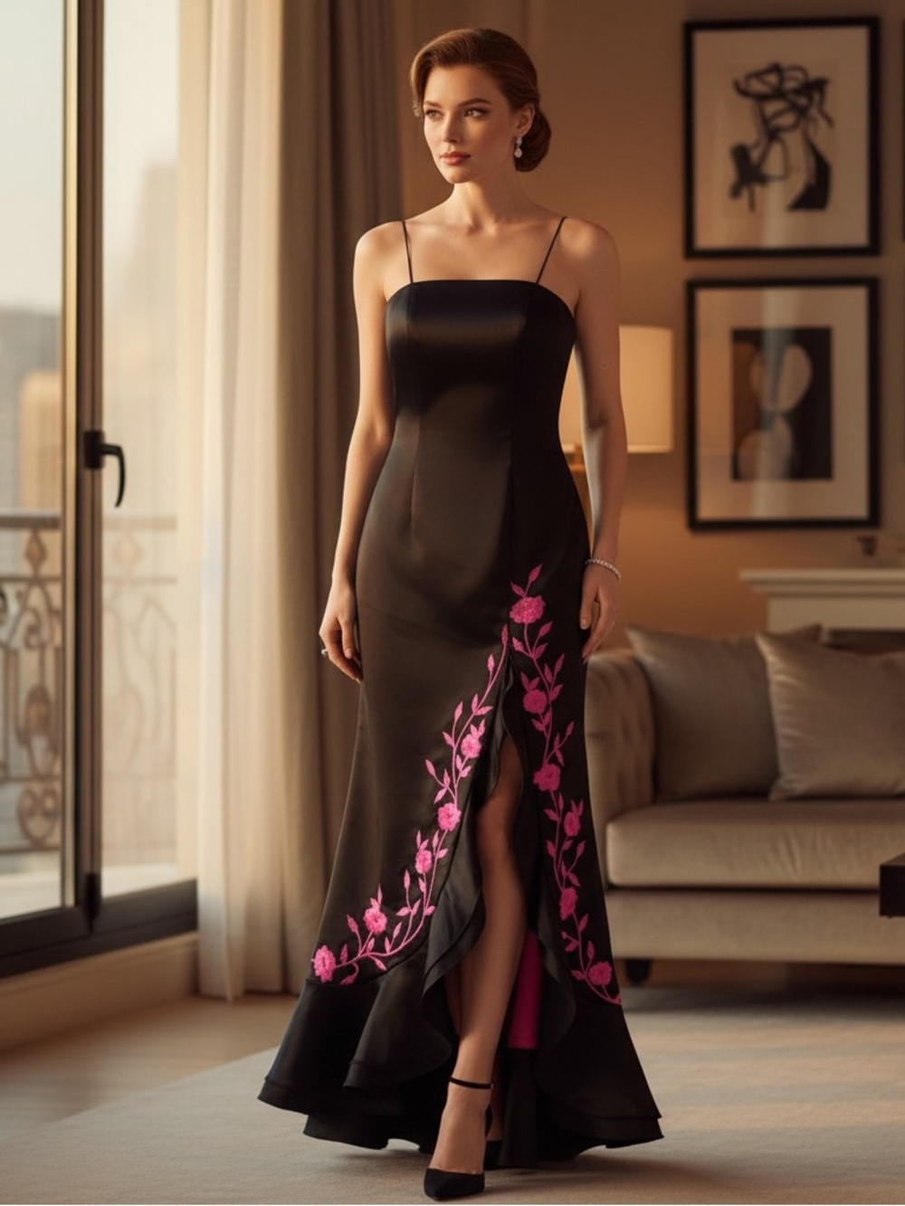 Jovani Black Satin Spaghetti-Strap Gown with Pink Floral Embroidery & Shawl